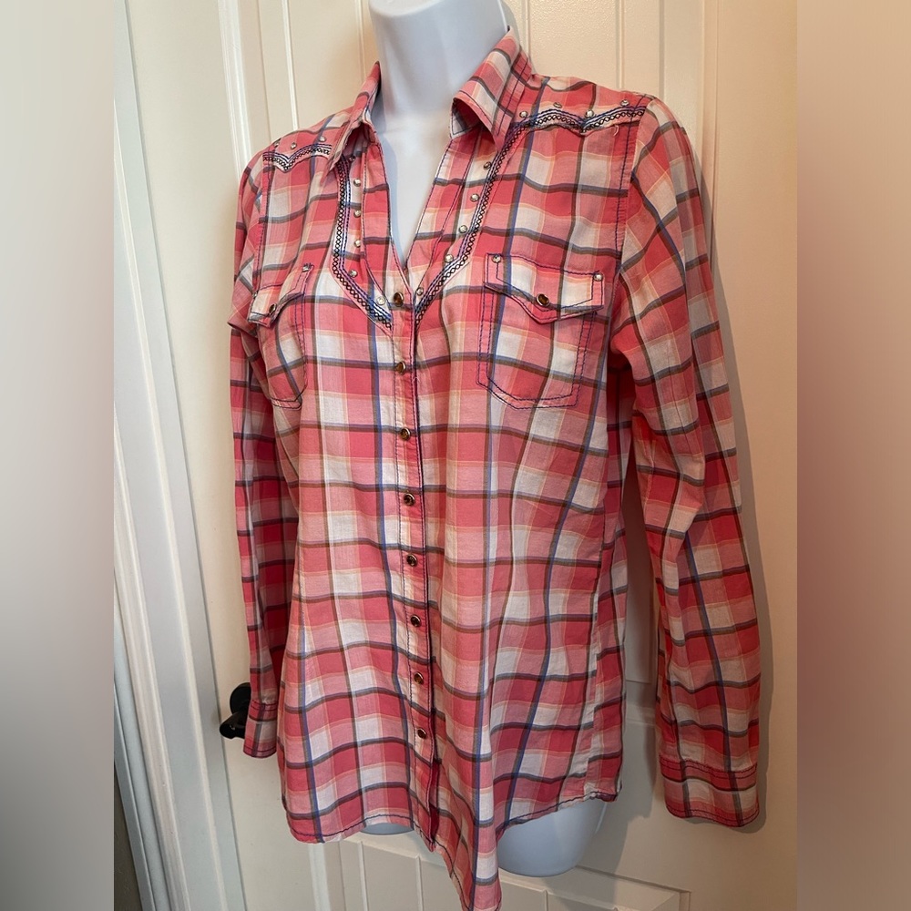 Rock 47 Pink Plaid Shirt with rhinestones, embroidery, and pink snaps, Medium